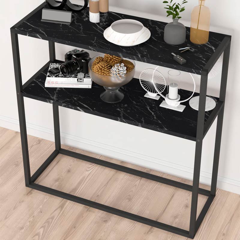 Console MIRANDA featuring a sleek black marble effect design, perfect for modern interiors, with dimensions of 90x33.5x90 cm.