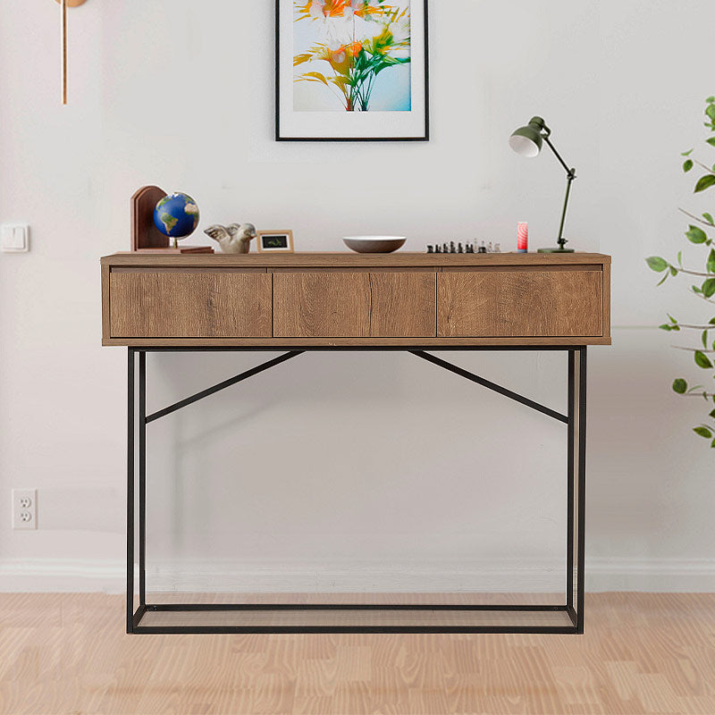 Console RAMIREZ in walnut finish with three drawers and sturdy metal legs, measuring 120x36x90cm.