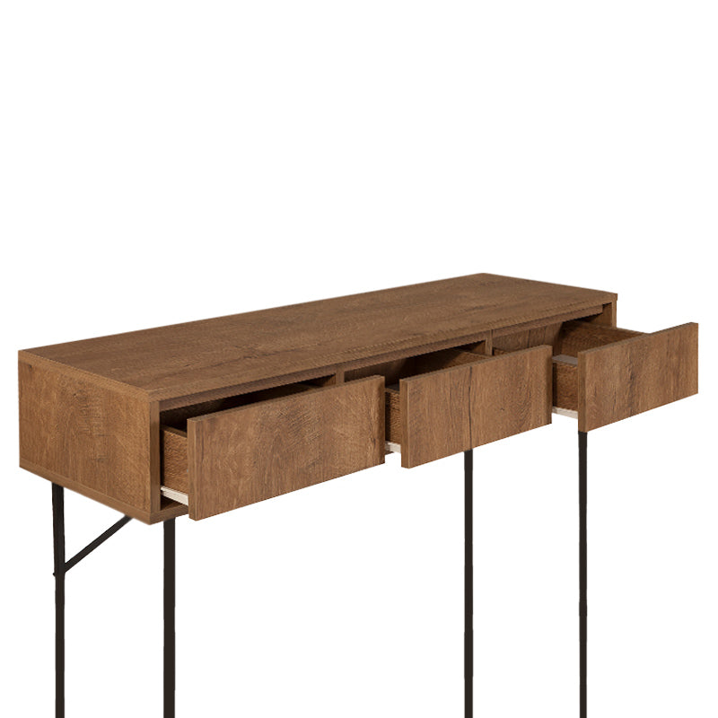 Console RAMIREZ in walnut finish with three drawers and sturdy metal legs, measuring 120x36x90cm.