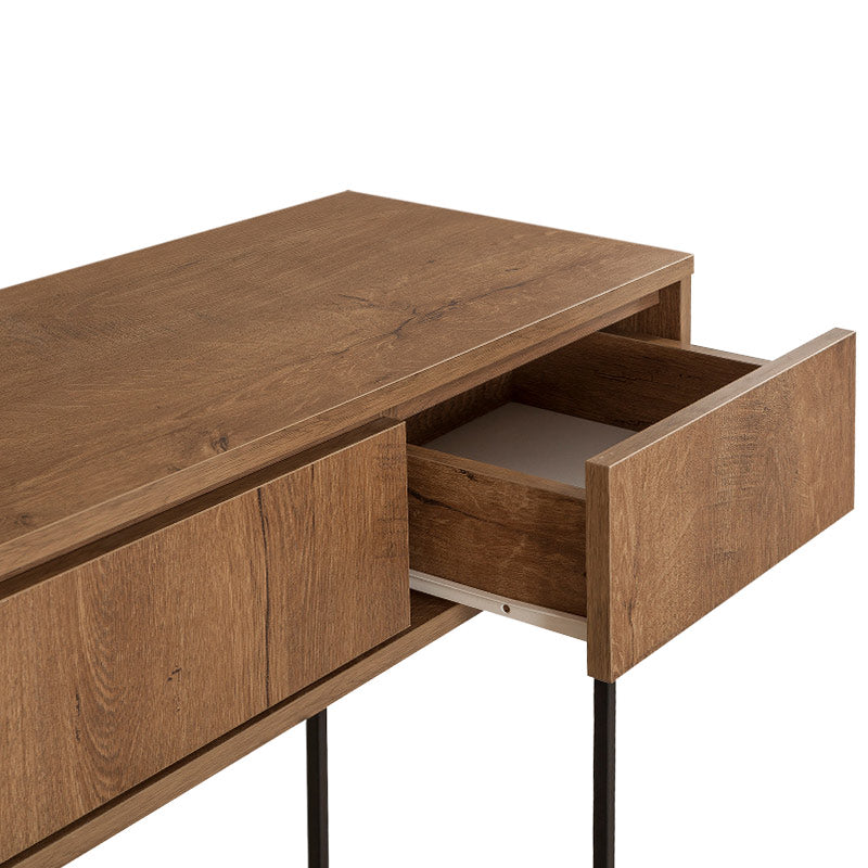 Console RAMIREZ in walnut finish with three drawers and sturdy metal legs, measuring 120x36x90cm.