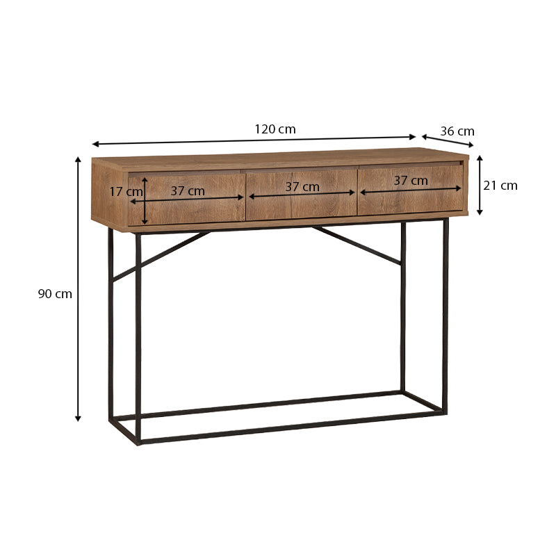 Console RAMIREZ in walnut finish with three drawers and sturdy metal legs, measuring 120x36x90cm.