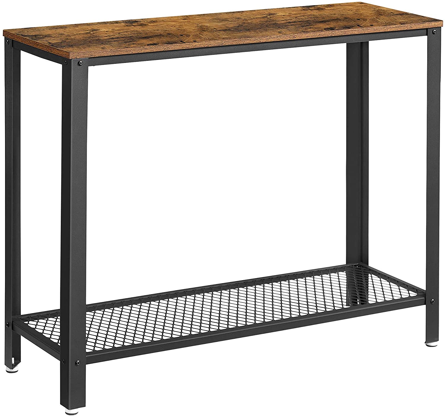 Rustic brown console table with a metal frame, showcasing its industrial design and adjustable feet for stability.