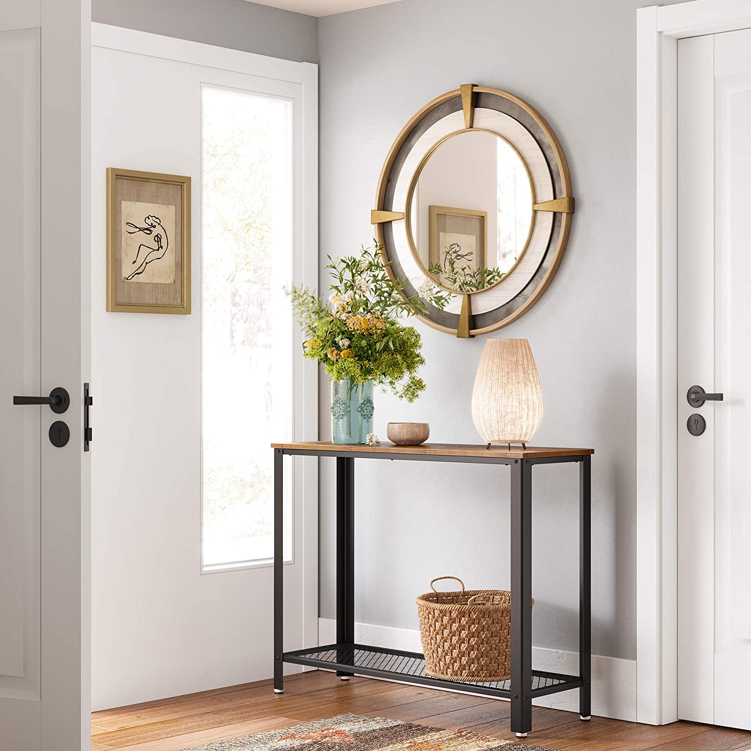 Rustic brown console table with a metal frame, showcasing its industrial design and adjustable feet for stability.