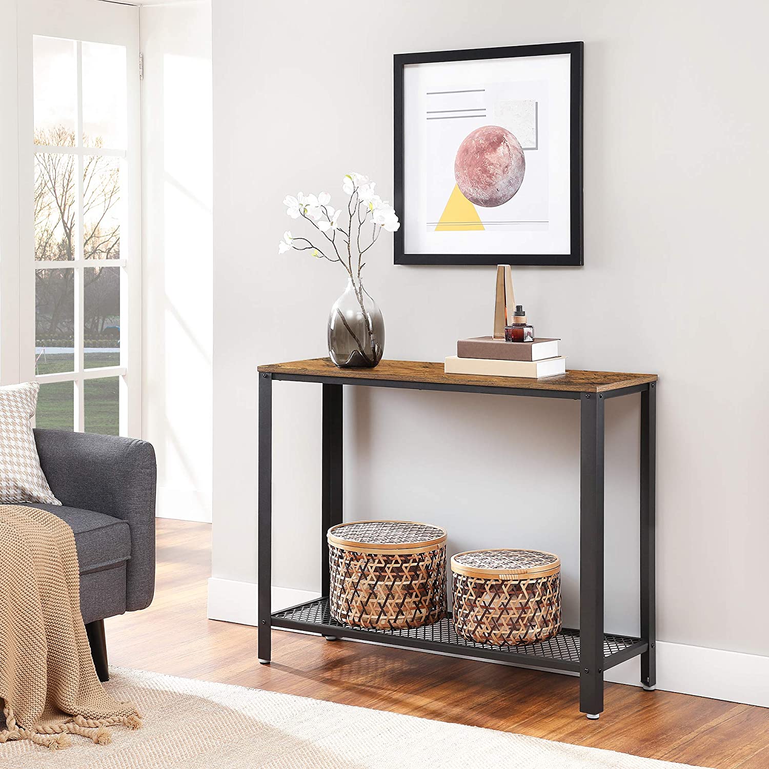 Rustic brown console table with a metal frame, showcasing its industrial design and adjustable feet for stability.