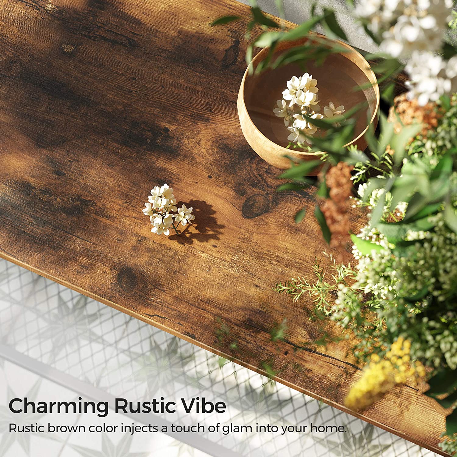 Rustic brown console table with a metal frame, showcasing its industrial design and adjustable feet for stability.