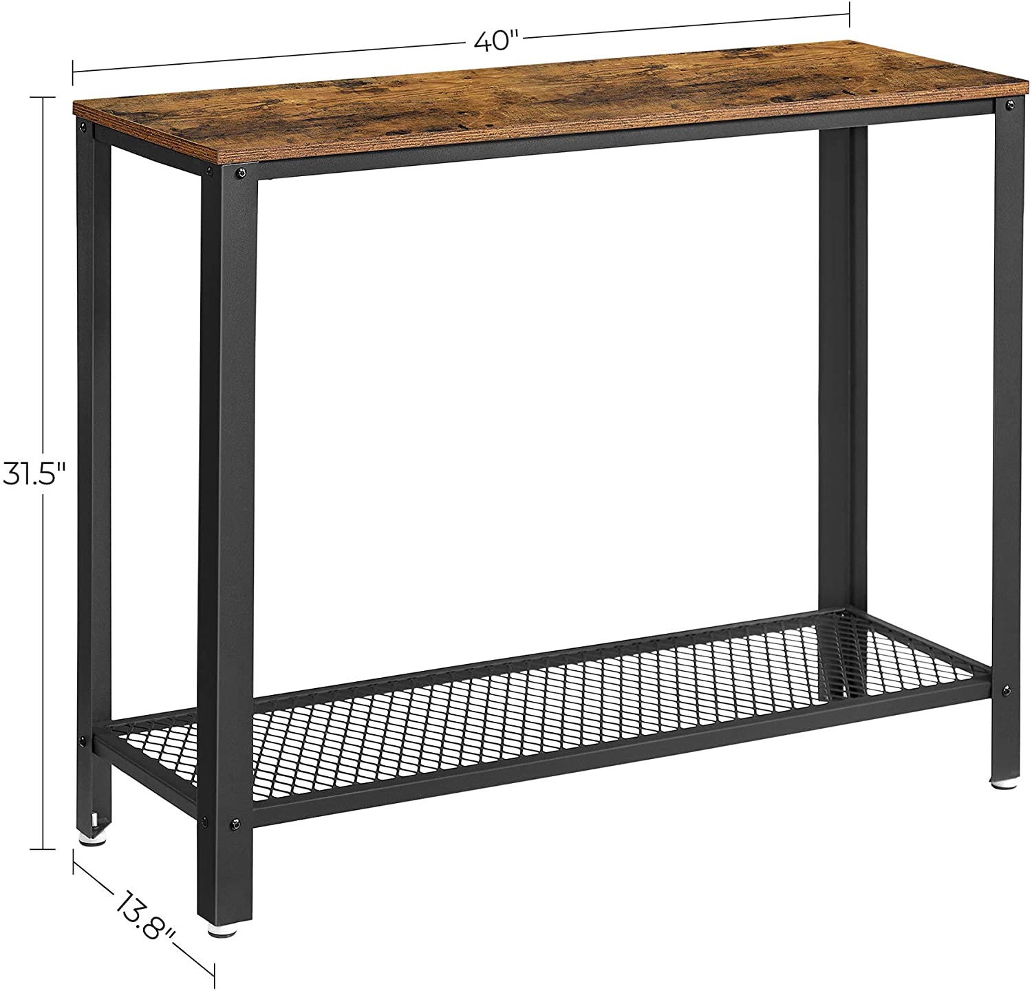 Rustic brown console table with a metal frame, showcasing its industrial design and adjustable feet for stability.