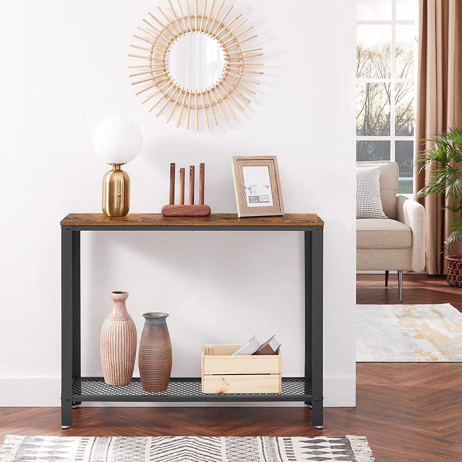 Rustic brown console table with a metal frame, showcasing its industrial design and adjustable feet for stability.