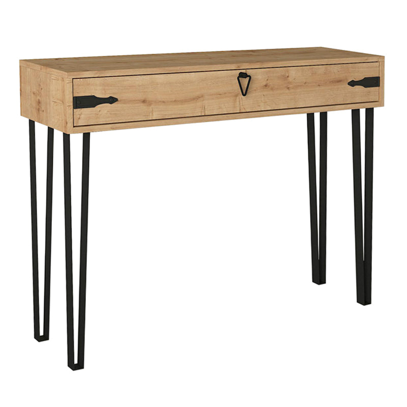 SEMPRE Oak Console Table in sapphire oak finish, featuring a large drawer and sturdy metal legs, perfect for home or office use.