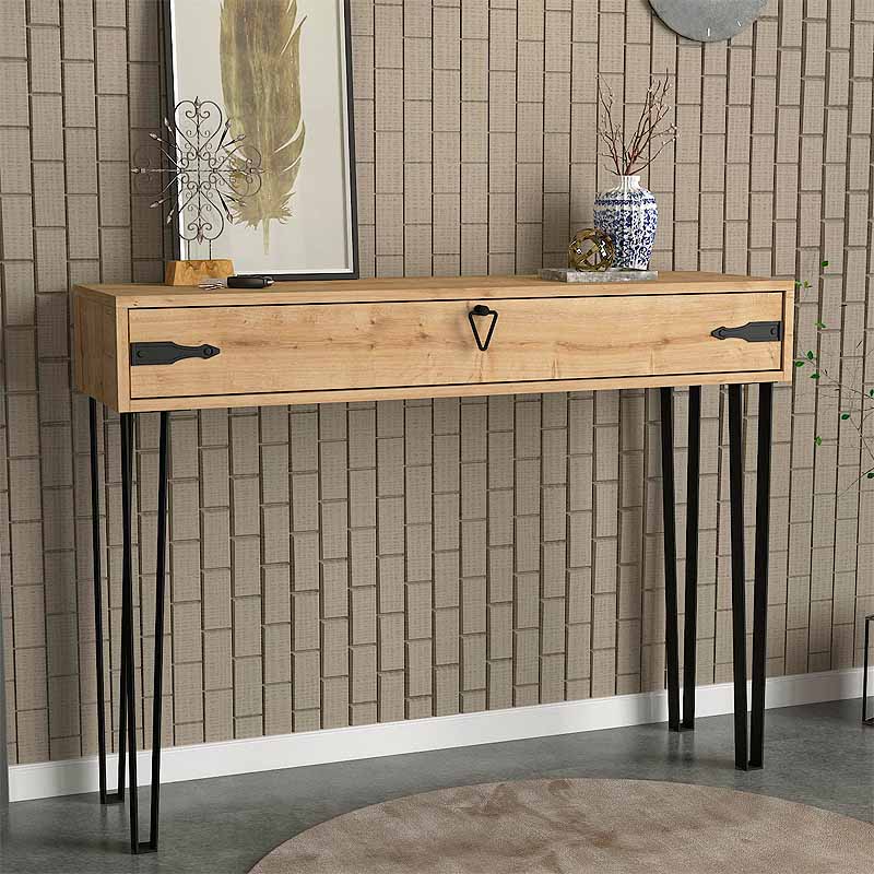 SEMPRE Oak Console Table in sapphire oak finish, featuring a large drawer and sturdy metal legs, perfect for home or office use.