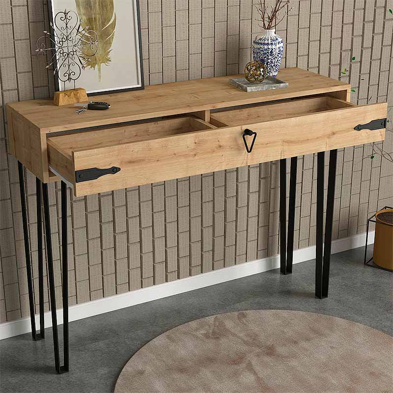 SEMPRE Oak Console Table in sapphire oak finish, featuring a large drawer and sturdy metal legs, perfect for home or office use.