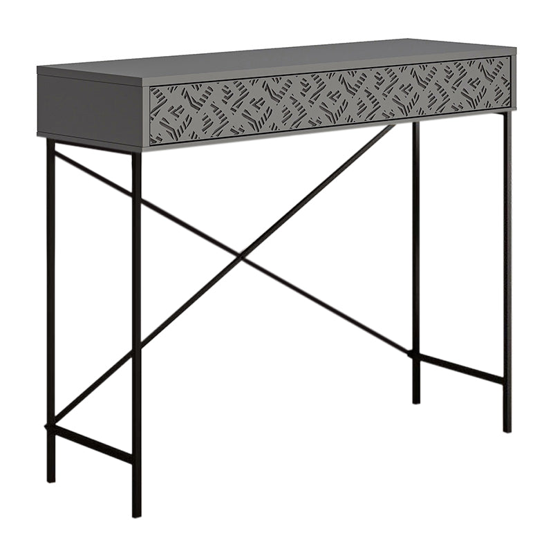 TAMARA Console Table in anthracite color, featuring a sleek design with metal and melamine construction, measuring 110x35.6x90cm.