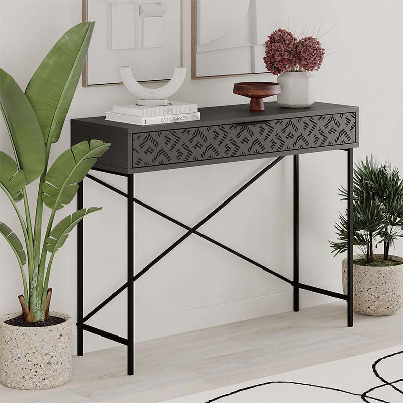 TAMARA Console Table in anthracite color, featuring a sleek design with metal and melamine construction, measuring 110x35.6x90cm.