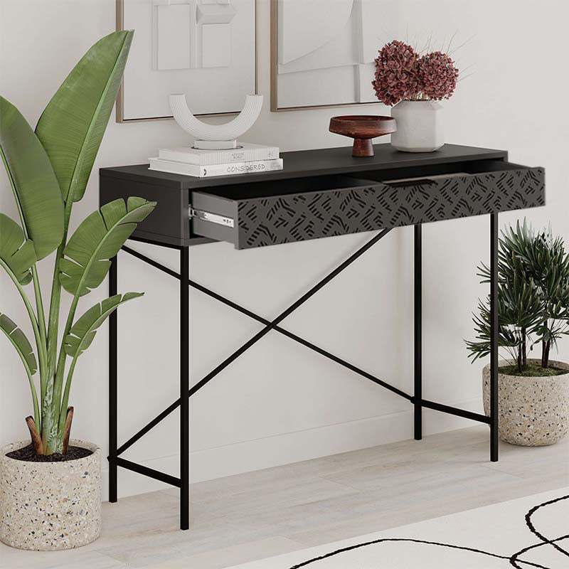 TAMARA Console Table in anthracite color, featuring a sleek design with metal and melamine construction, measuring 110x35.6x90cm.