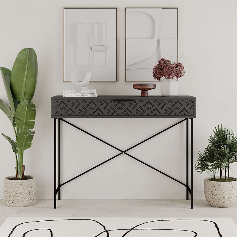 TAMARA Console Table in anthracite color, featuring a sleek design with metal and melamine construction, measuring 110x35.6x90cm.