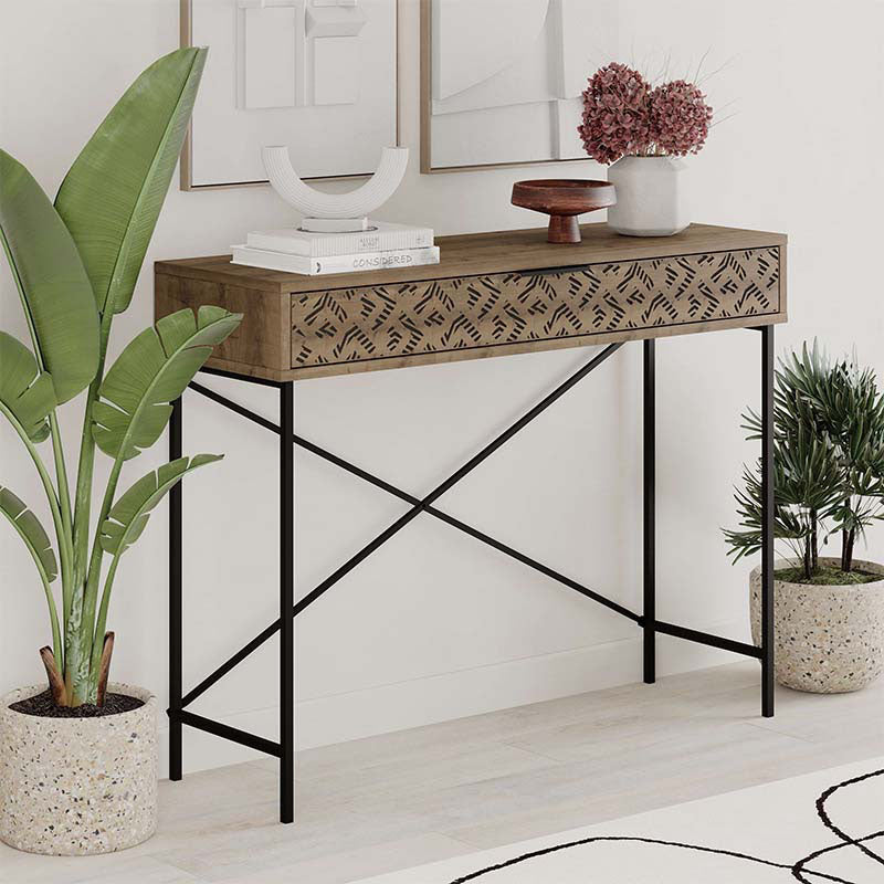 TAMARA Console Table in brown, featuring a sleek melamine finish and sturdy metal frame, ideal for home or office use.