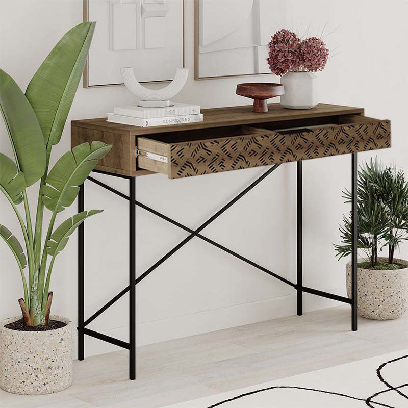 TAMARA Console Table in brown, featuring a sleek melamine finish and sturdy metal frame, ideal for home or office use.