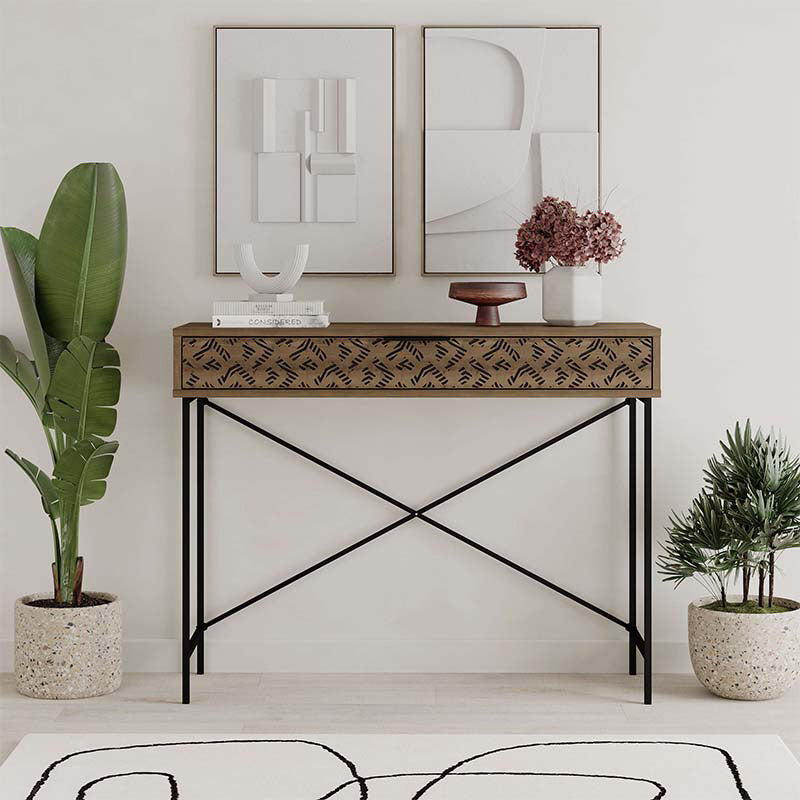 TAMARA Console Table in brown, featuring a sleek melamine finish and sturdy metal frame, ideal for home or office use.