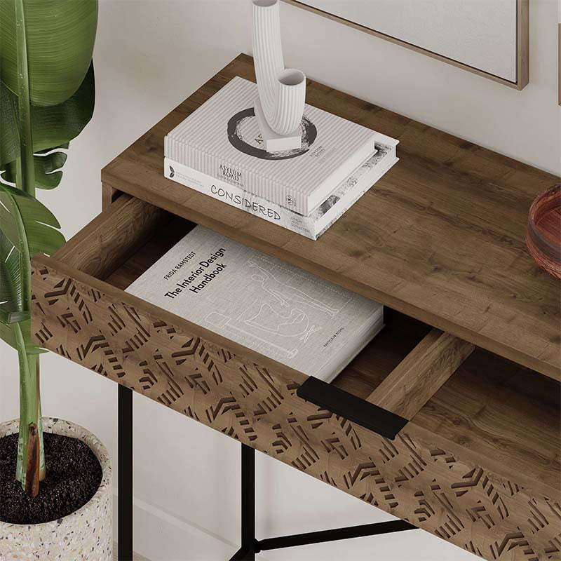 TAMARA Console Table in brown, featuring a sleek melamine finish and sturdy metal frame, ideal for home or office use.