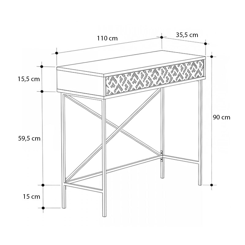 TAMARA Console Table in brown, featuring a sleek melamine finish and sturdy metal frame, ideal for home or office use.