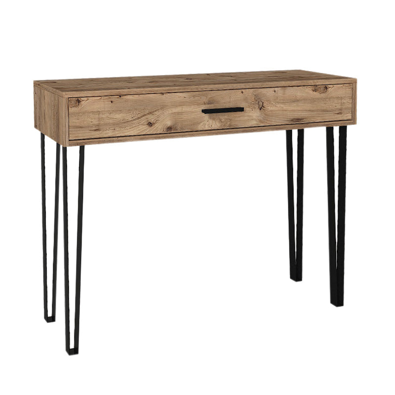 Console TINA Pine table in atlantic pine finish with four metal legs and a large two-part drawer.