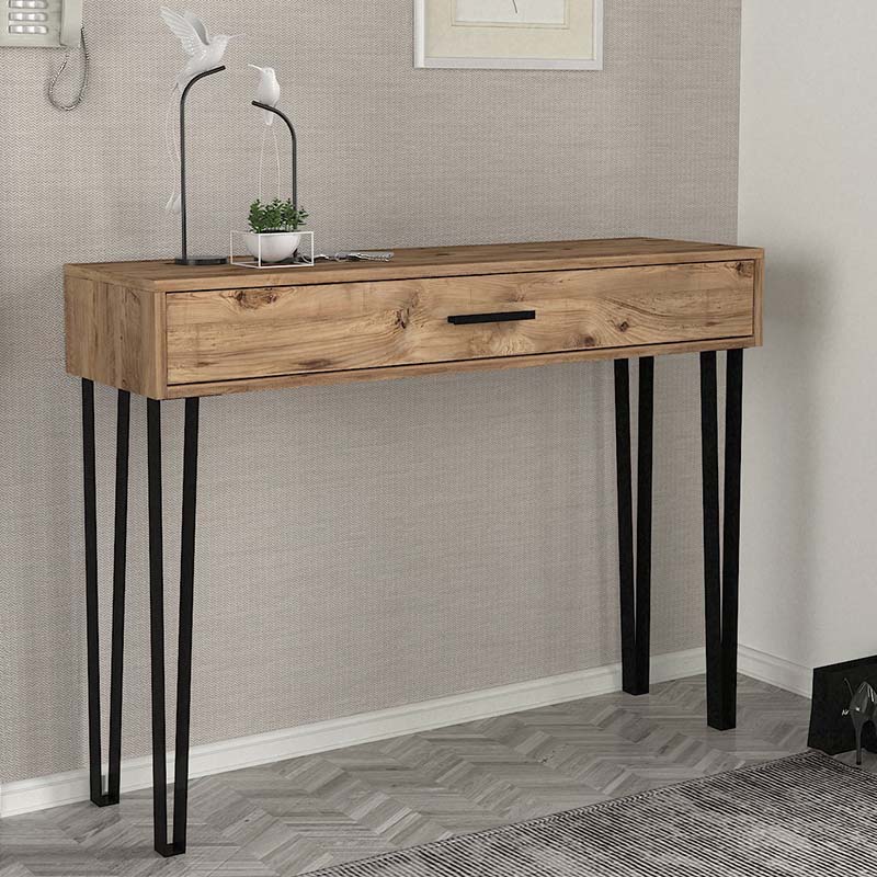 Console TINA Pine table in atlantic pine finish with four metal legs and a large two-part drawer.