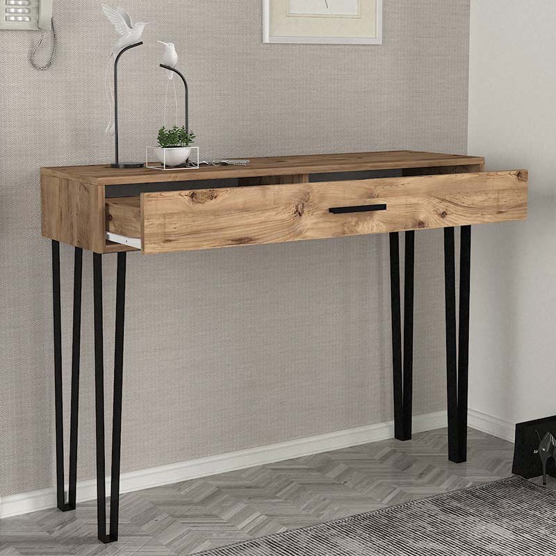 Console TINA Pine table in atlantic pine finish with four metal legs and a large two-part drawer.