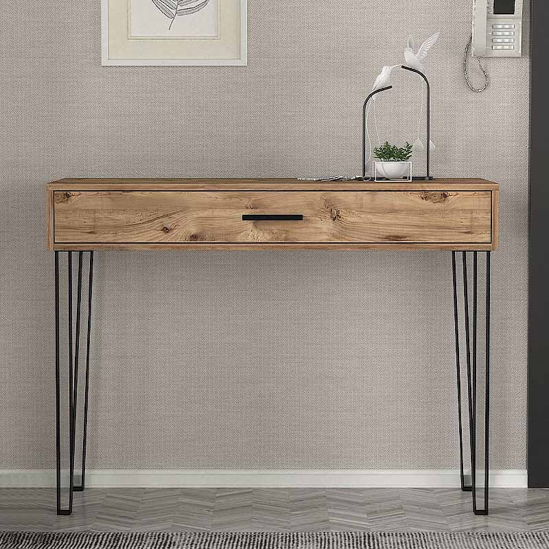 Console TINA Pine table in atlantic pine finish with four metal legs and a large two-part drawer.