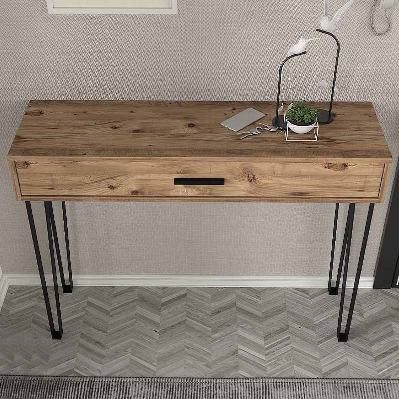 Console TINA Pine table in atlantic pine finish with four metal legs and a large two-part drawer.