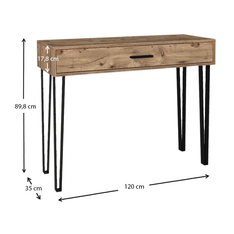 Console TINA Pine table in atlantic pine finish with four metal legs and a large two-part drawer.