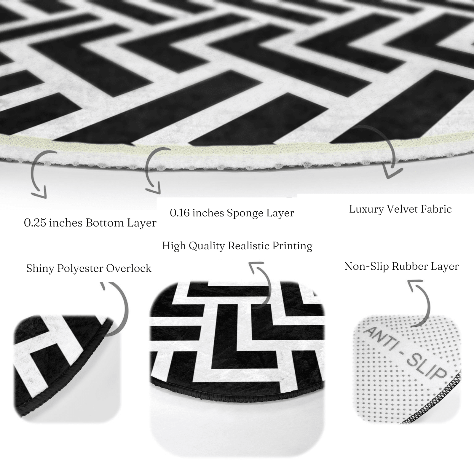 Contemporary round rug featuring a black and white zigzag pattern, made from soft velvet fabric, ideal for modern home decor.