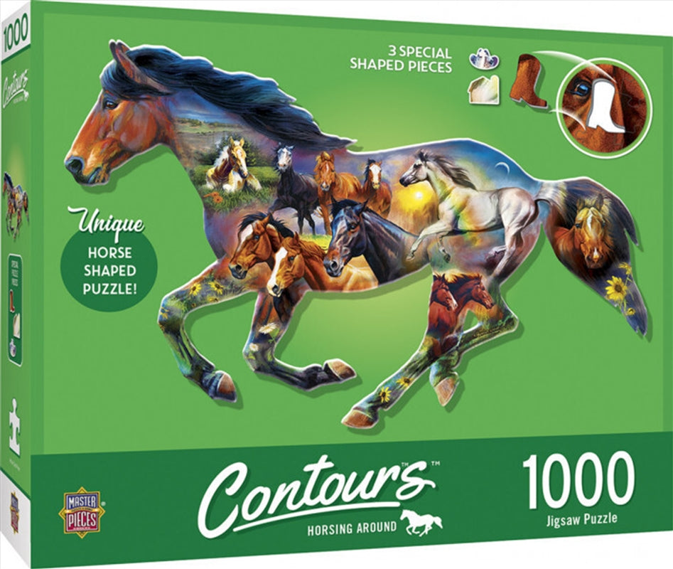 Contours Wild Horse Shape puzzle featuring majestic horses in a unique design, made from recycled materials.