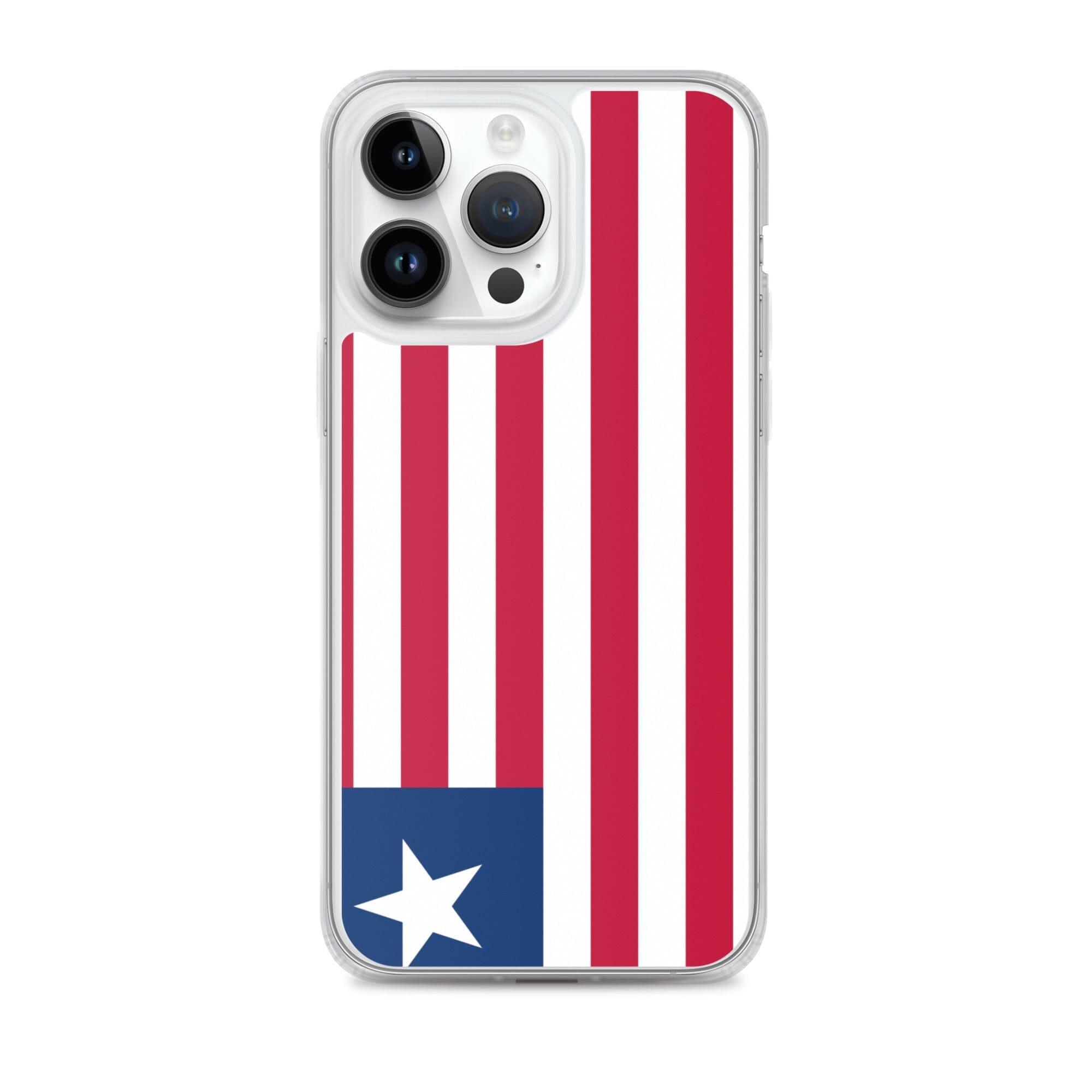 Coque de téléphone transparente avec le drapeau du Liberia, conçue pour iPhone, offrant protection et style.