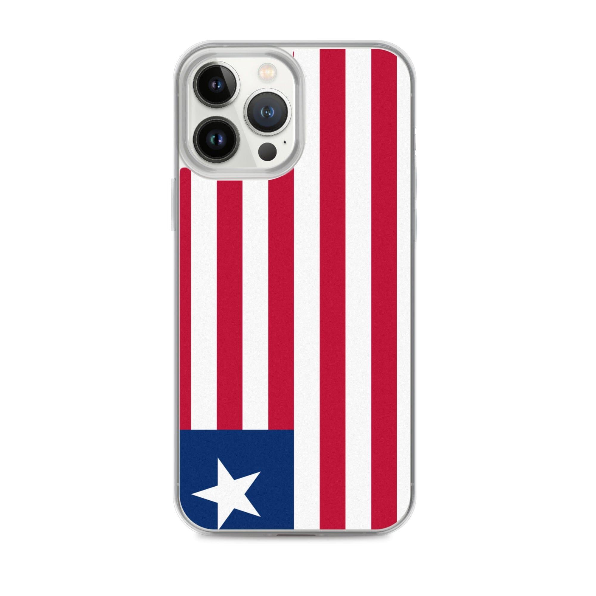 Coque de téléphone transparente avec le drapeau du Liberia, conçue pour iPhone, offrant protection et style.