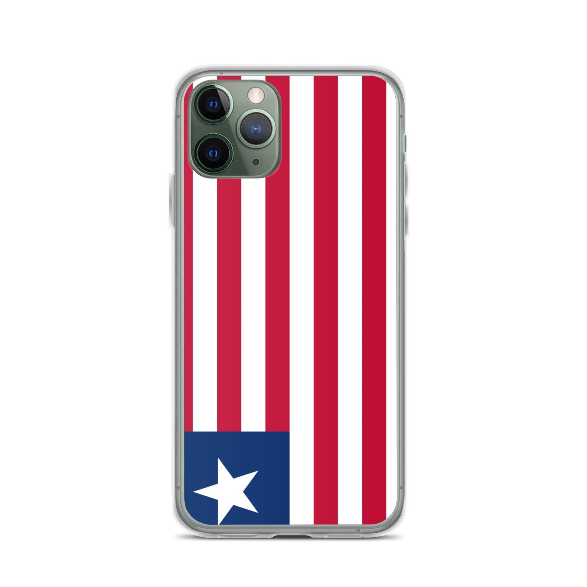 Coque de téléphone transparente avec le drapeau du Liberia, conçue pour iPhone, offrant protection et style.