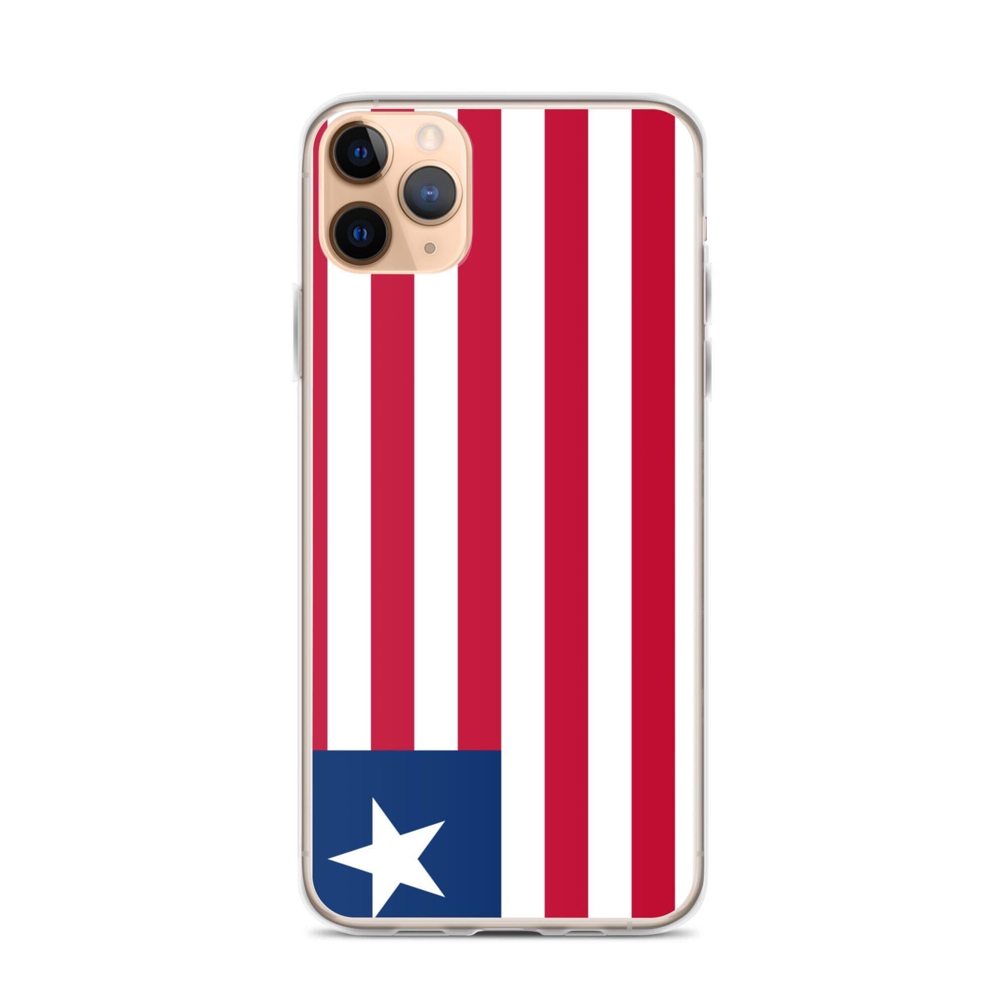 Coque de téléphone transparente avec le drapeau du Liberia, conçue pour iPhone, offrant protection et style.