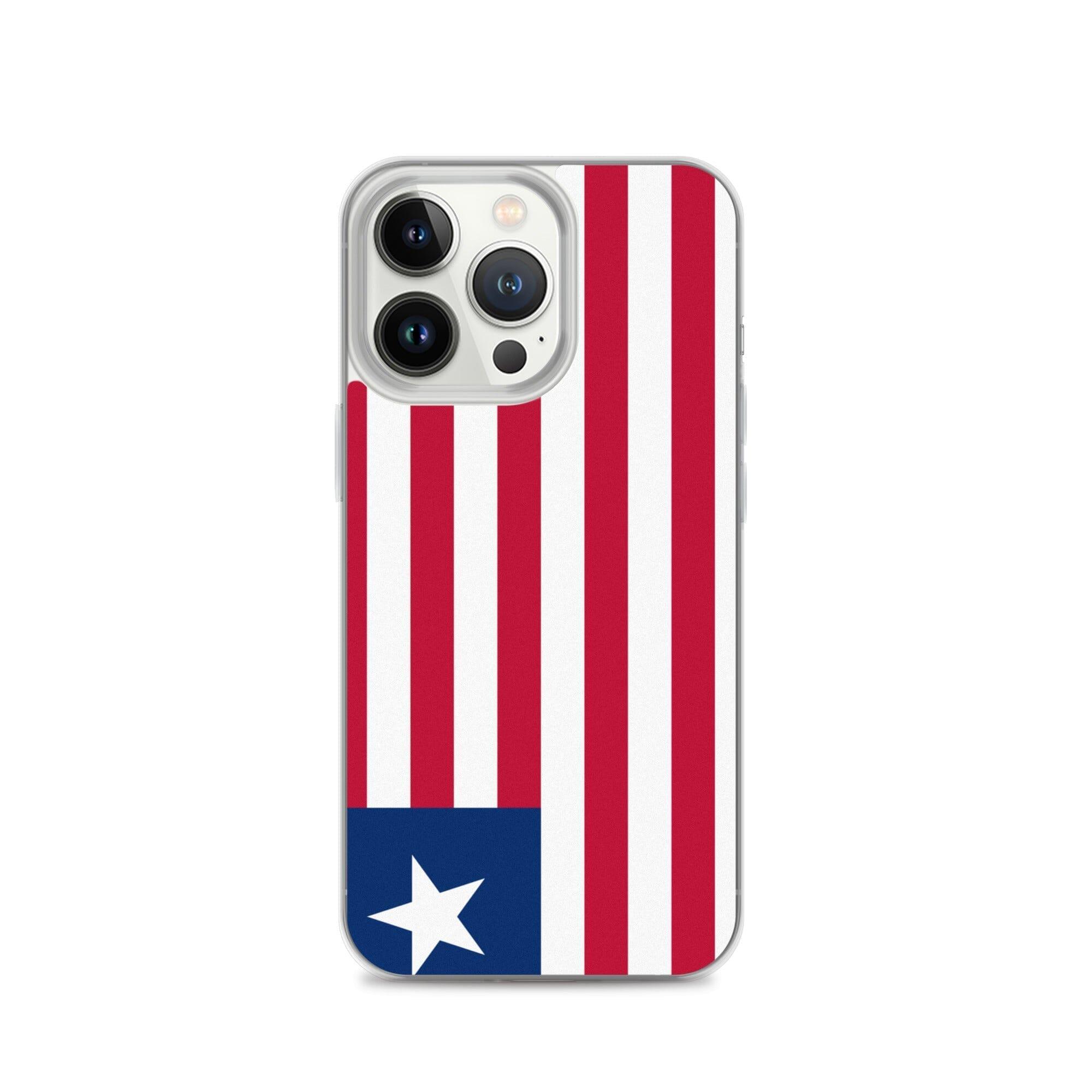 Coque de téléphone transparente avec le drapeau du Liberia, conçue pour iPhone, offrant protection et style.