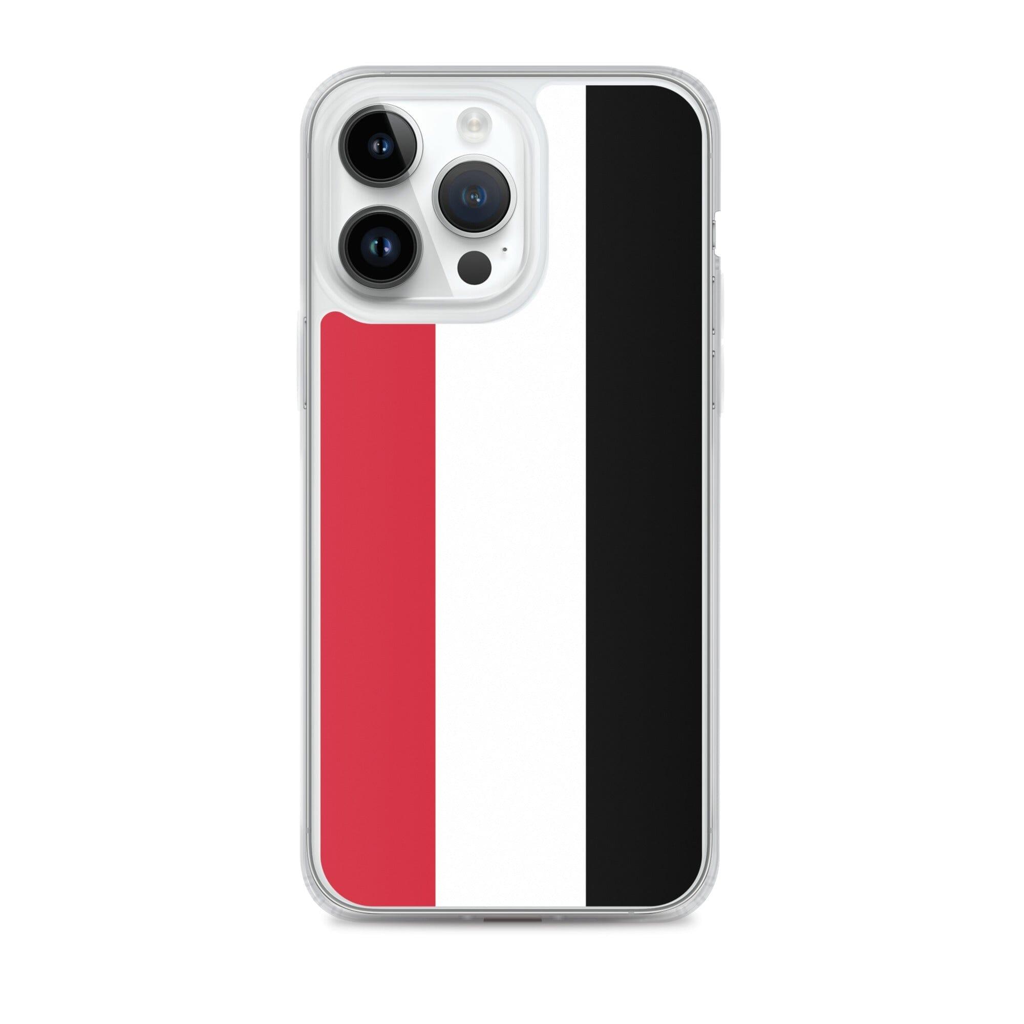 Coque de téléphone transparente avec le drapeau du Yémen, conçue pour iPhone, offrant protection et style.