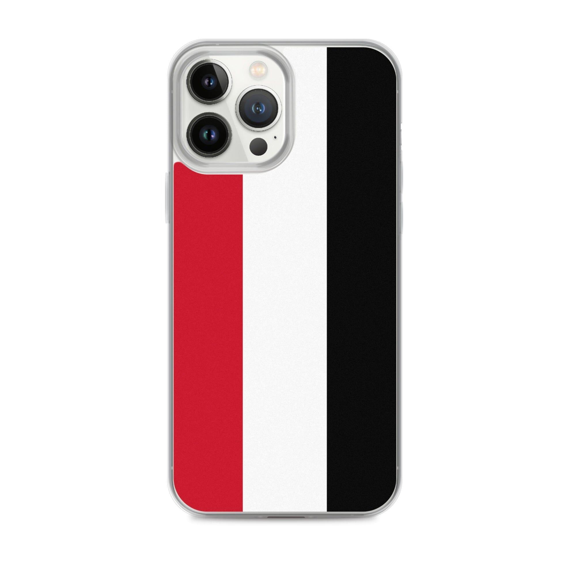 Coque de téléphone transparente avec le drapeau du Yémen, conçue pour iPhone, offrant protection et style.