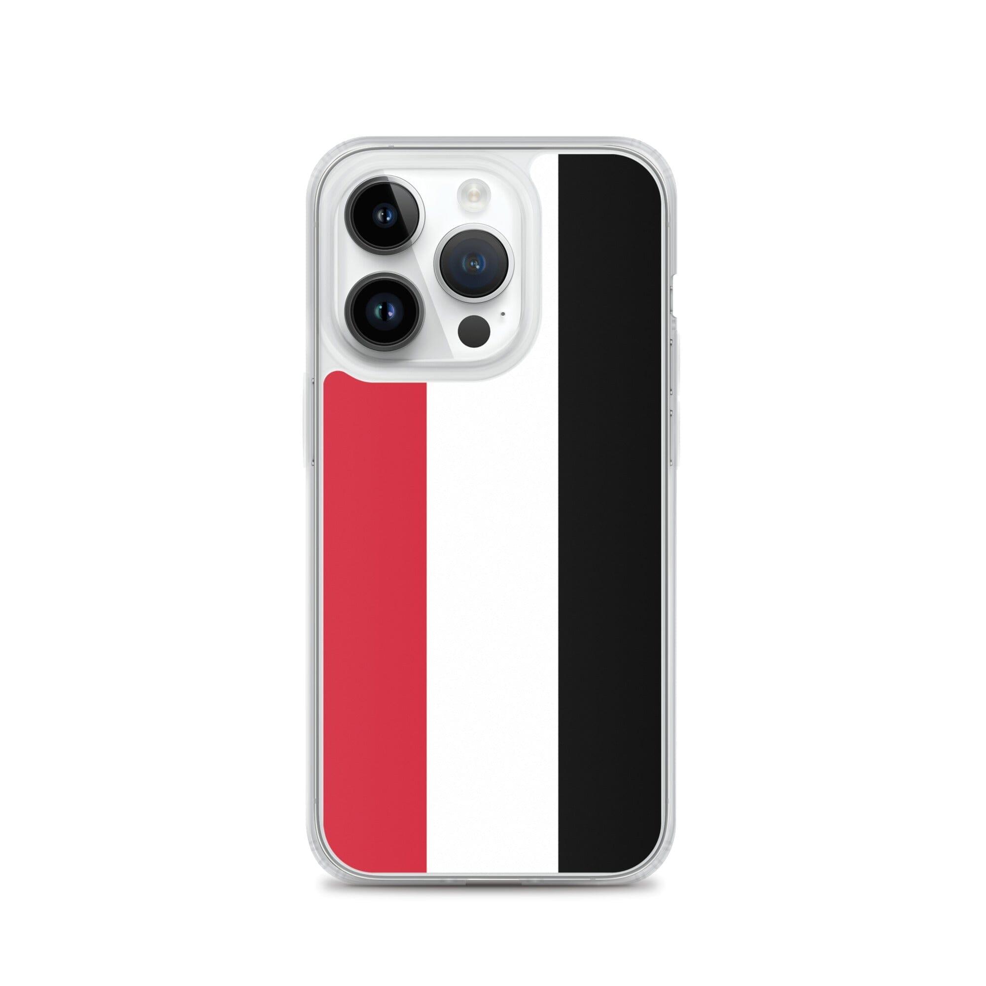 Coque de téléphone transparente avec le drapeau du Yémen, conçue pour iPhone, offrant protection et style.