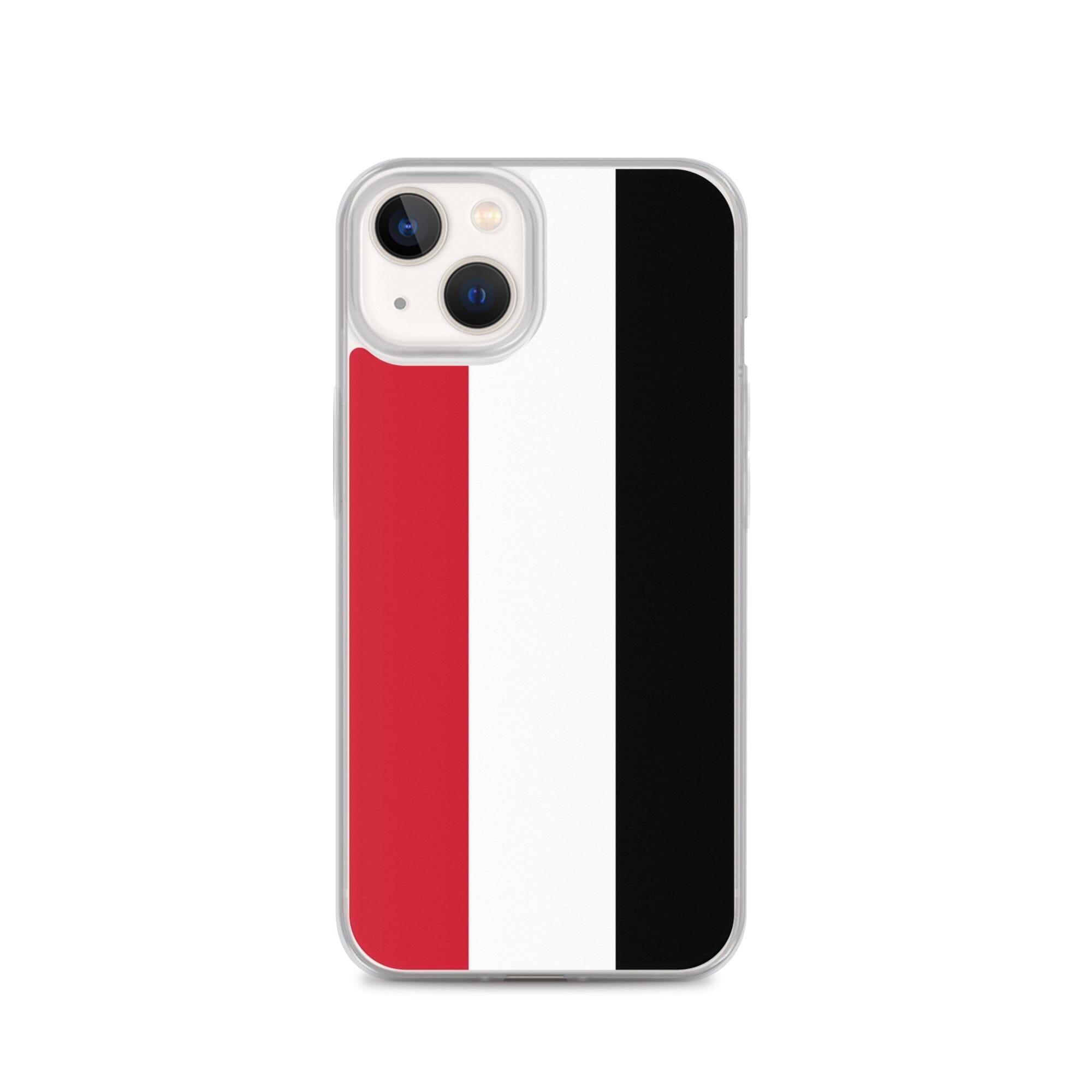 Coque de téléphone transparente avec le drapeau du Yémen, conçue pour iPhone, offrant protection et style.