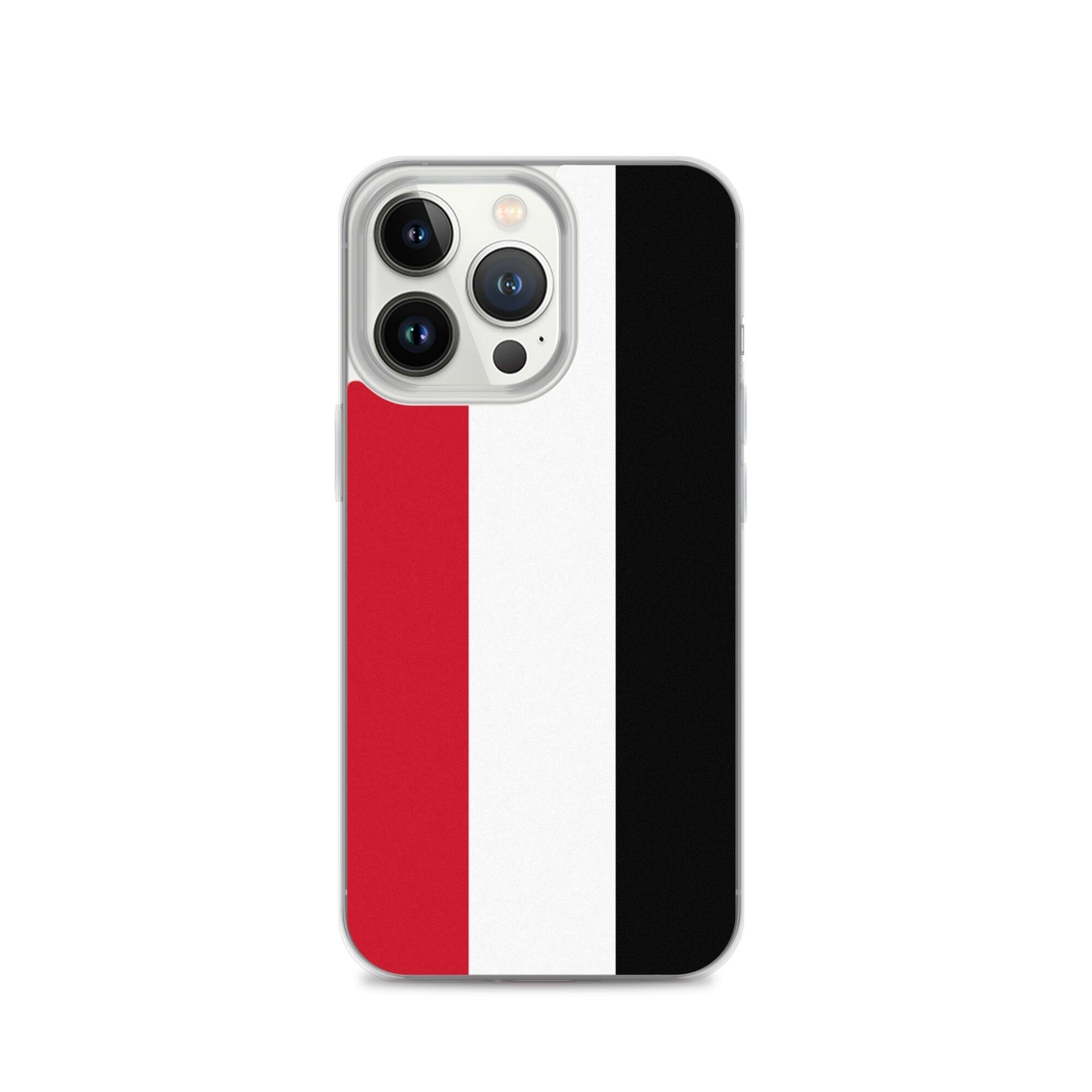 Coque de téléphone transparente avec le drapeau du Yémen, conçue pour iPhone, offrant protection et style.