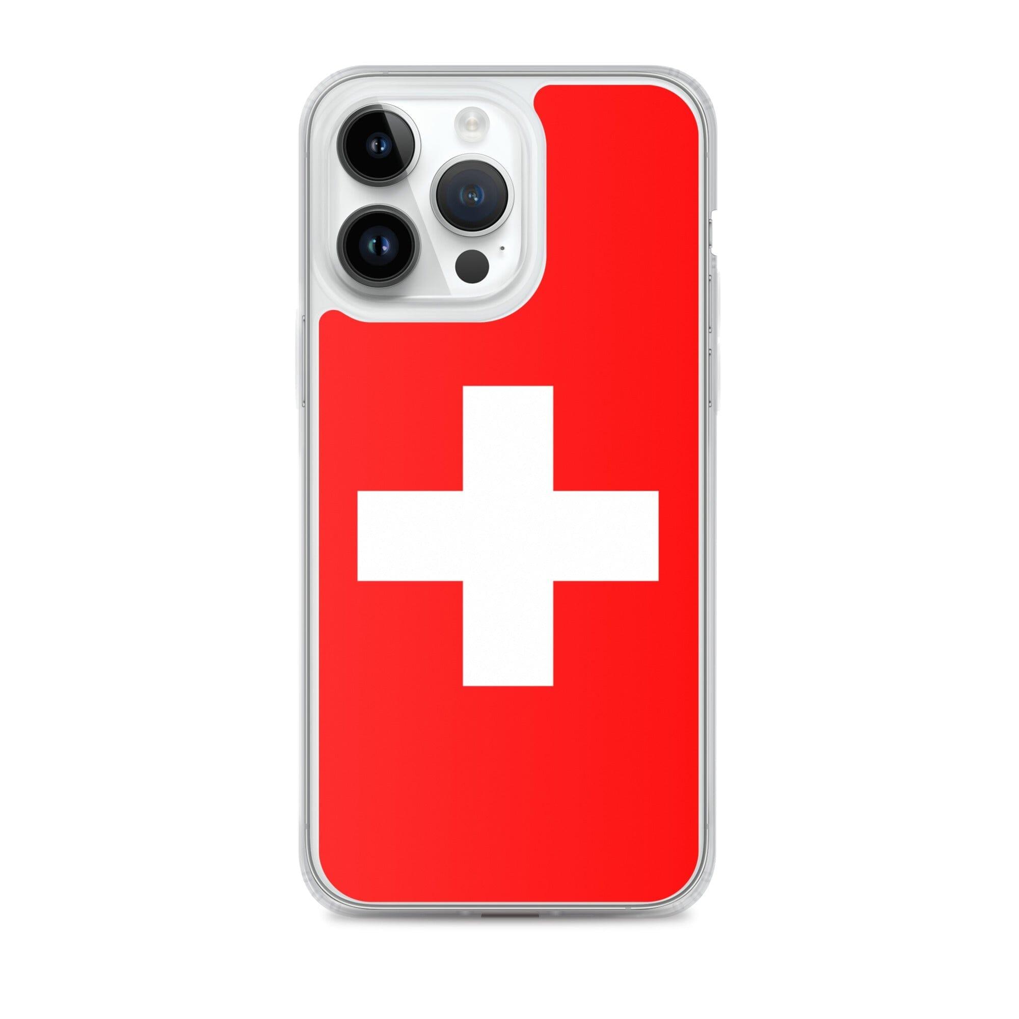 Coque de téléphone transparente avec le drapeau et les armoiries de la Suisse, conçue pour iPhone.