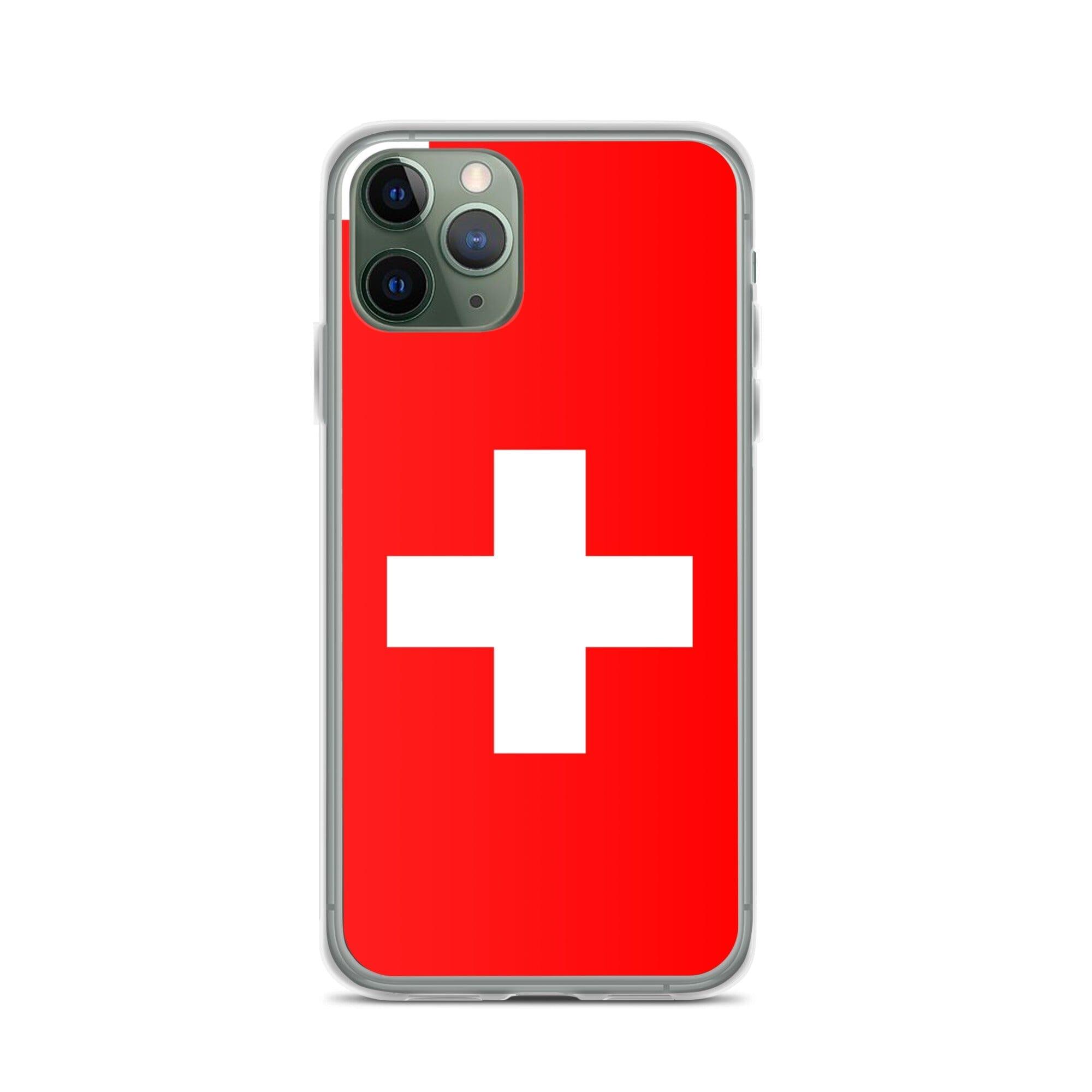 Coque de téléphone transparente avec le drapeau et les armoiries de la Suisse, conçue pour iPhone.