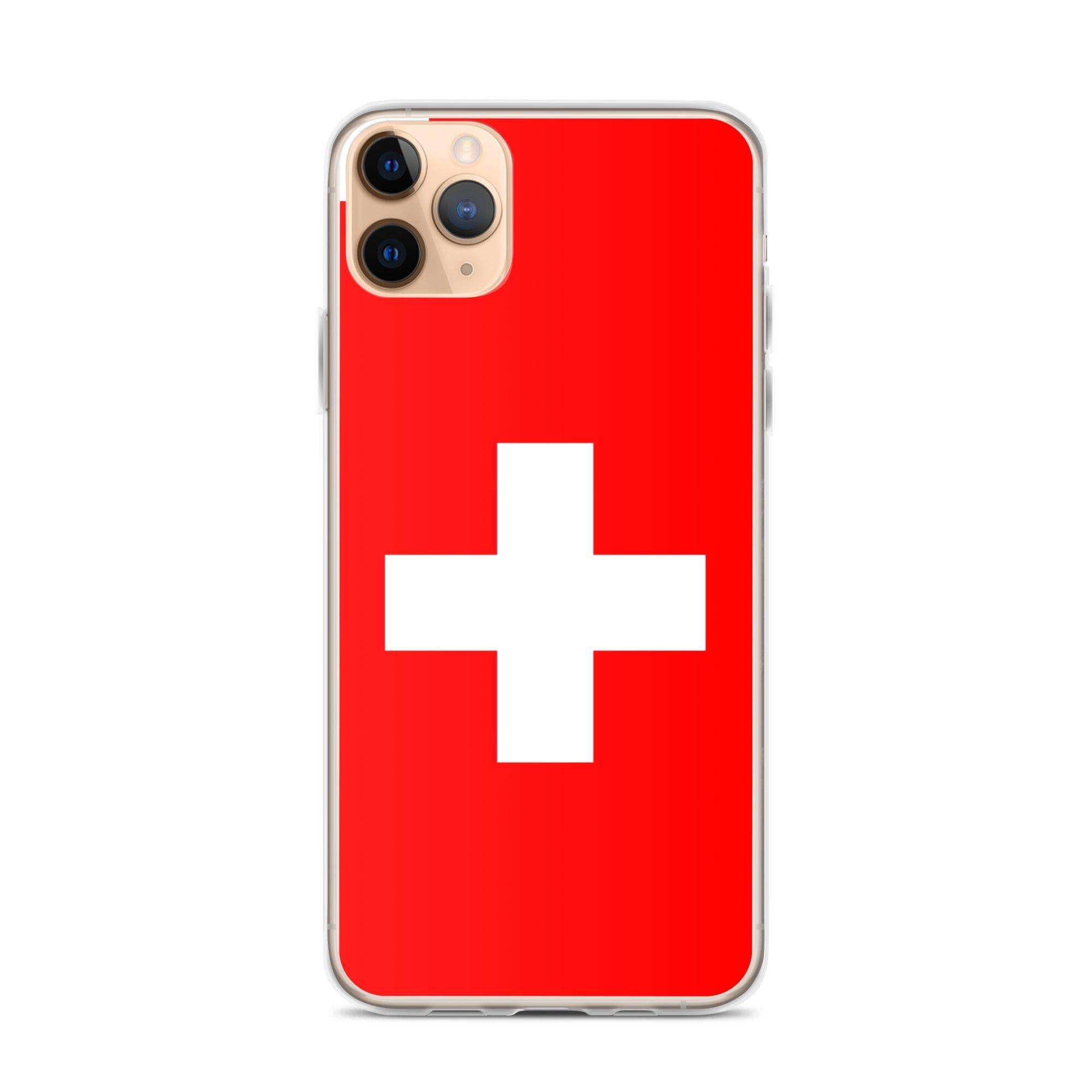 Coque de téléphone transparente avec le drapeau et les armoiries de la Suisse, conçue pour iPhone.