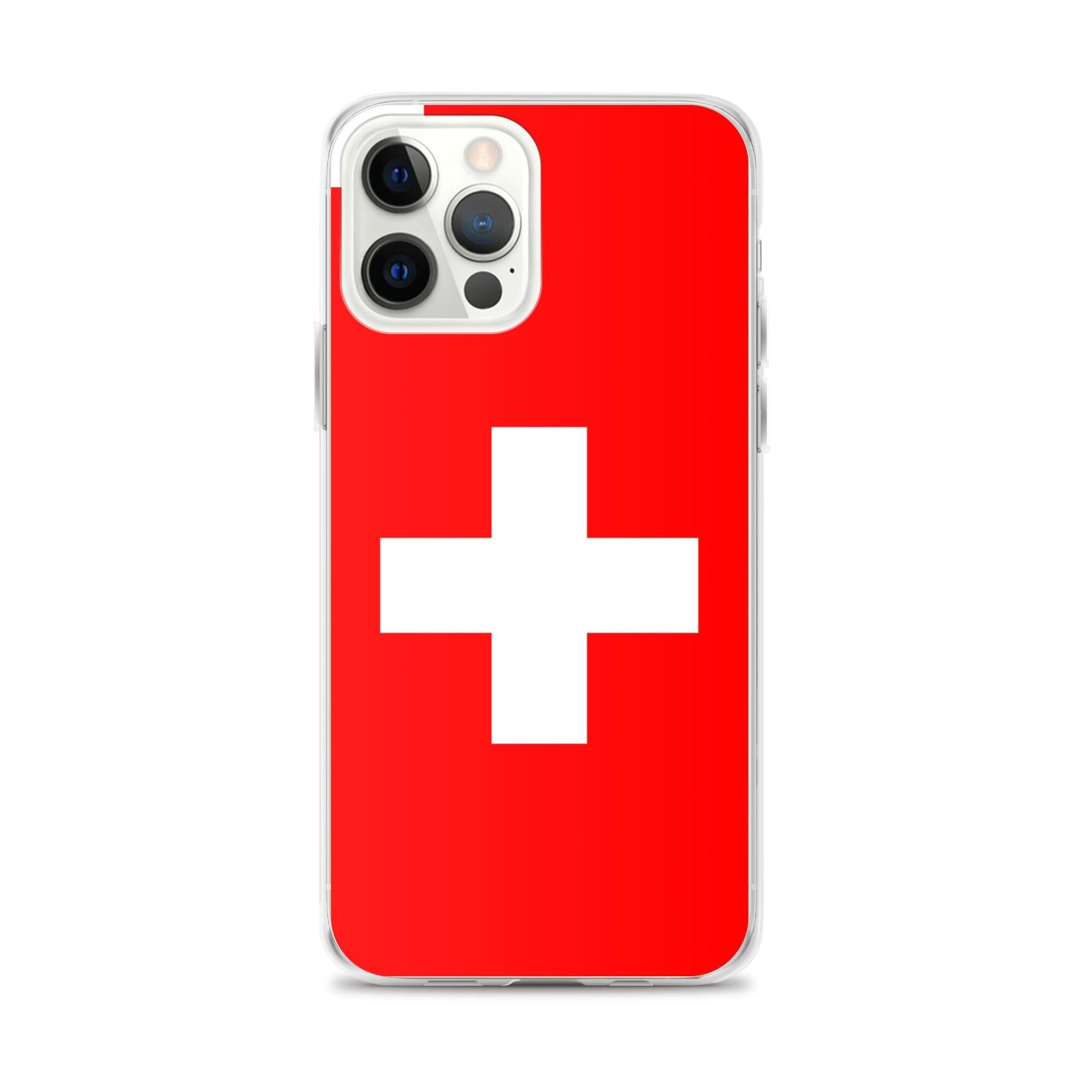 Coque de téléphone transparente avec le drapeau et les armoiries de la Suisse, conçue pour iPhone.