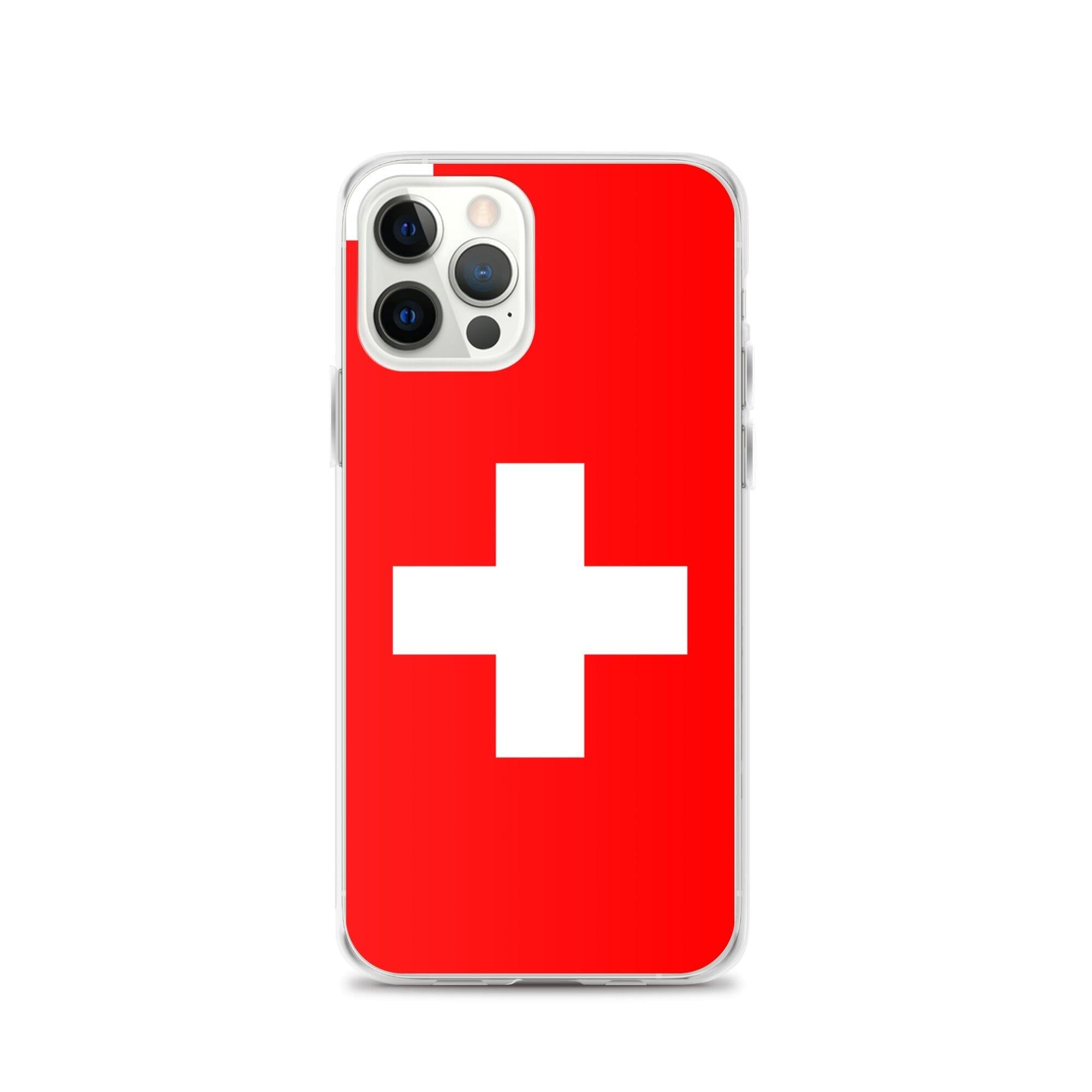 Coque de téléphone transparente avec le drapeau et les armoiries de la Suisse, conçue pour iPhone.