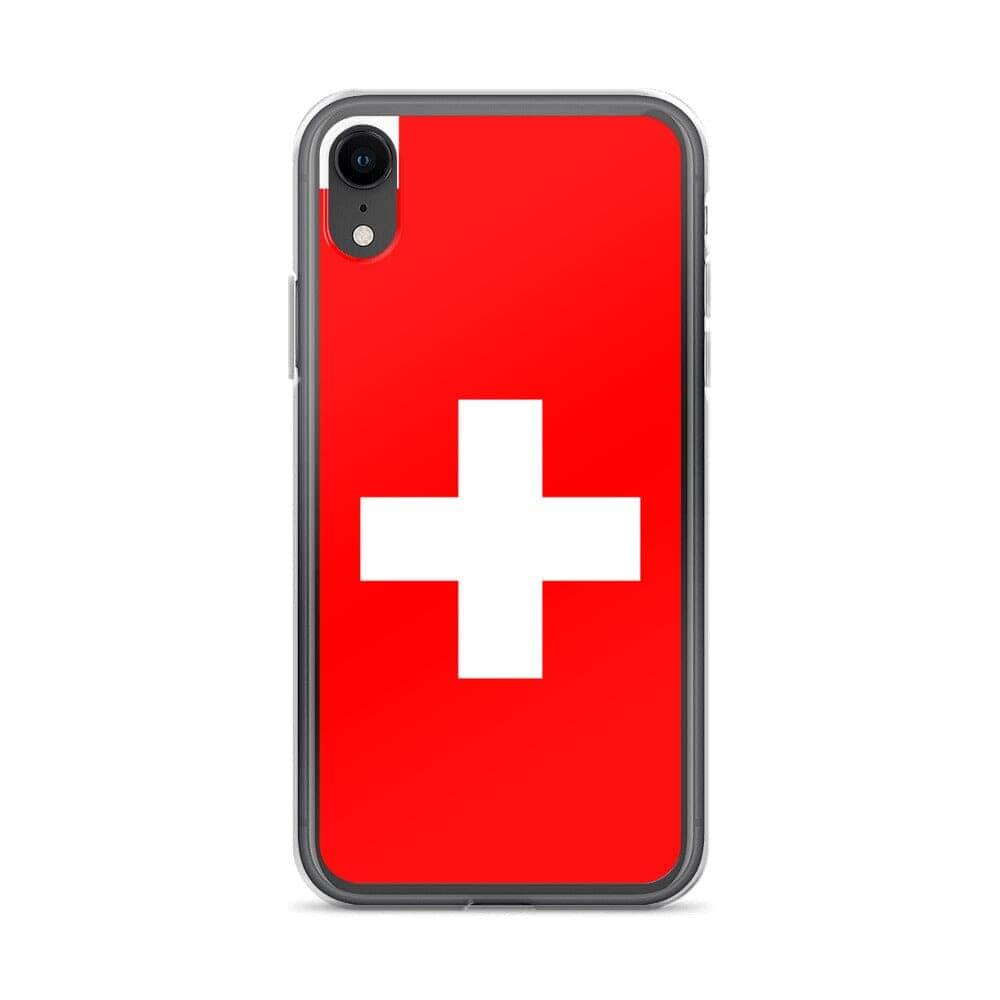 Coque de téléphone transparente avec le drapeau et les armoiries de la Suisse, conçue pour iPhone.