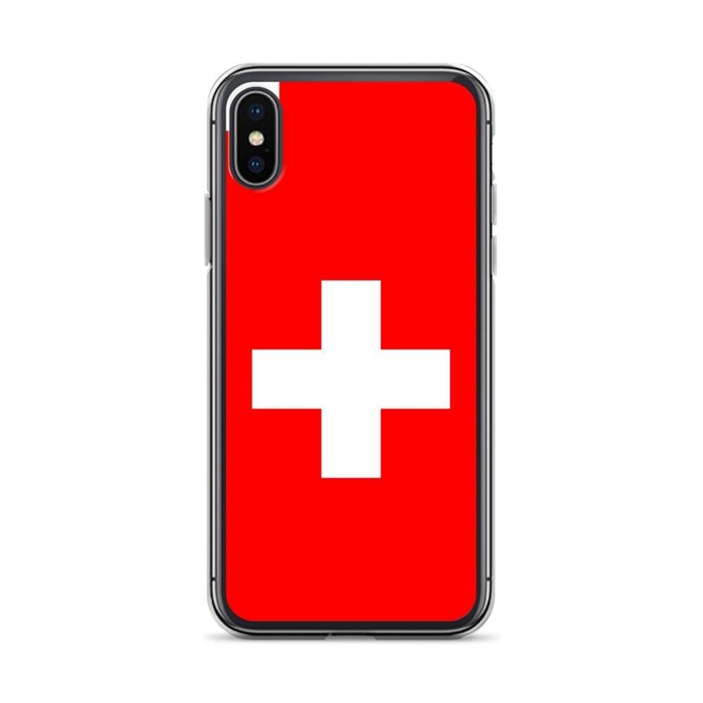 Coque de téléphone transparente avec le drapeau et les armoiries de la Suisse, conçue pour iPhone.