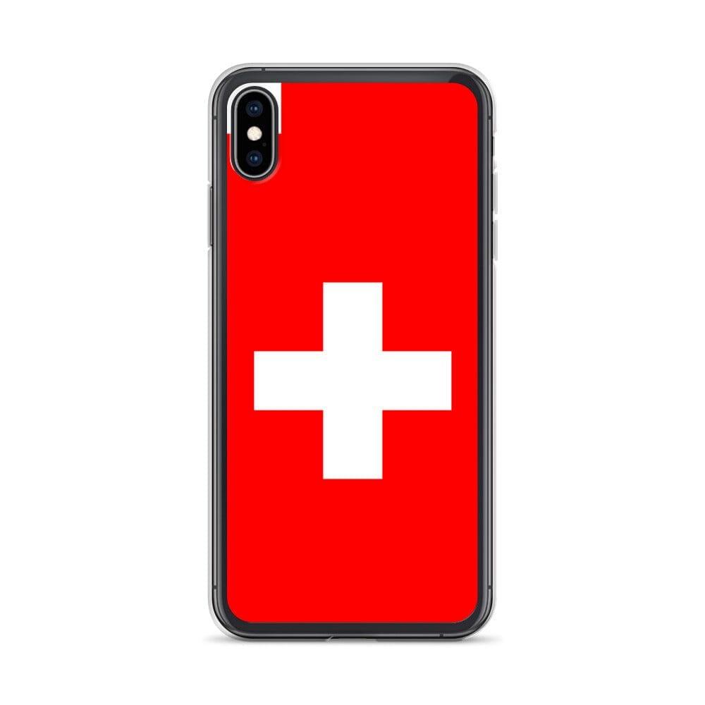 Coque de téléphone transparente avec le drapeau et les armoiries de la Suisse, conçue pour iPhone.