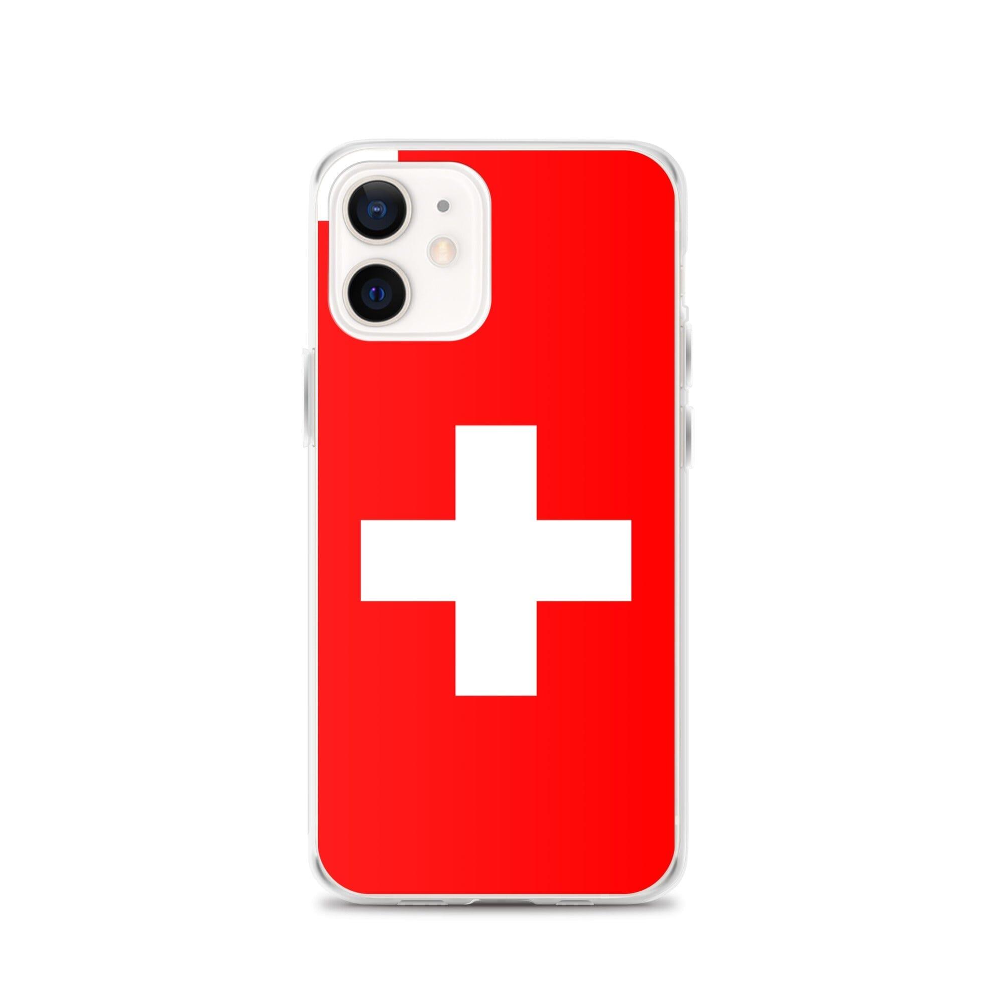 Coque de téléphone transparente avec le drapeau et les armoiries de la Suisse, conçue pour iPhone.